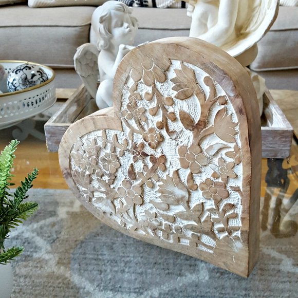 NEW! BOHO Washed WEDDING CARVED SOLID WOOD HEART - Picture 4 of 4